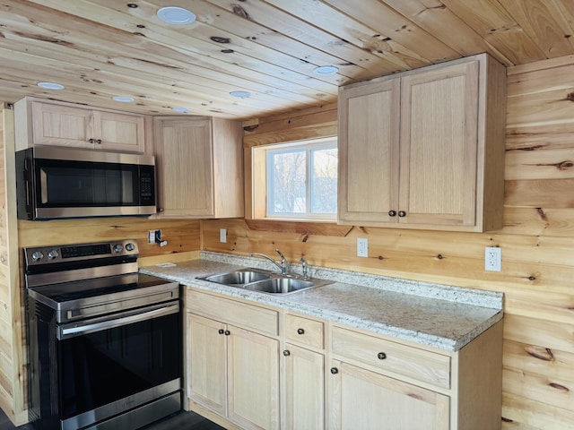 kitchen featuring stainless steel appliances, sink, wooden ceiling, and wooden walls