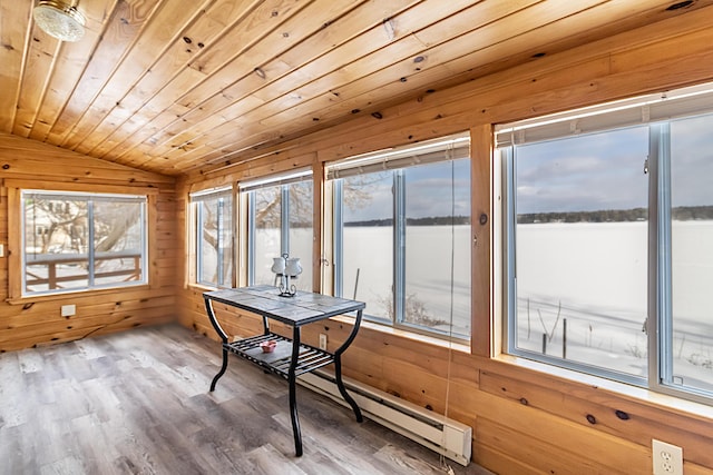 sunroom with a water view, lofted ceiling, and wooden ceiling