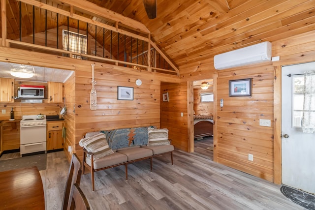 living room featuring ceiling fan, wooden ceiling, wooden walls, and an AC wall unit