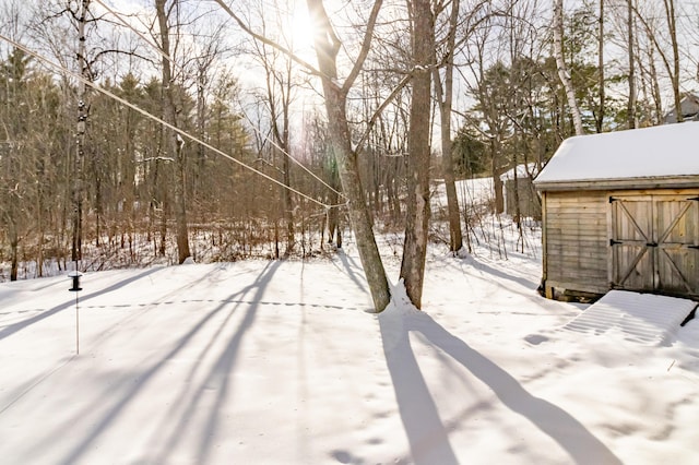 snowy yard with a storage unit