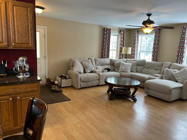 living room featuring ceiling fan and light hardwood / wood-style floors