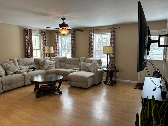 living room featuring light hardwood / wood-style flooring, plenty of natural light, and ceiling fan