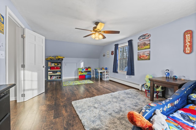 game room featuring ceiling fan, lofted ceiling, dark hardwood / wood-style floors, and a baseboard heating unit