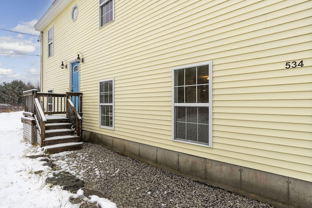 view of snow covered exterior