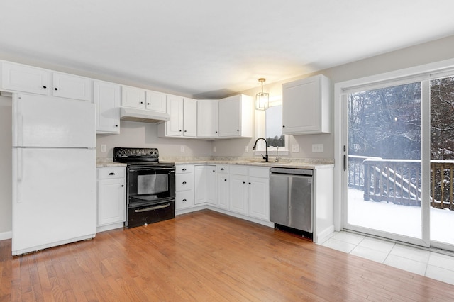 kitchen with white cabinetry, black range with electric stovetop, decorative light fixtures, stainless steel dishwasher, and white fridge