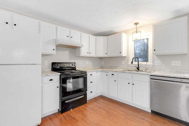 kitchen featuring sink, white cabinetry, electric range, stainless steel dishwasher, and white fridge