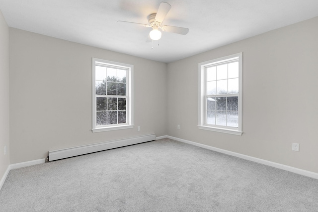 empty room with ceiling fan, carpet, and a baseboard heating unit