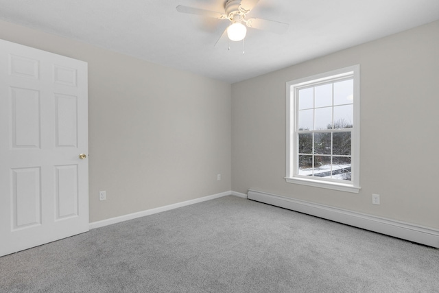 unfurnished room with ceiling fan, carpet, and a baseboard heating unit