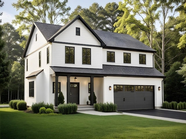 modern farmhouse with an attached garage, aphalt driveway, roof with shingles, and a front yard