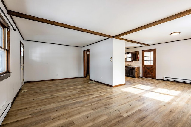 spare room featuring light hardwood / wood-style flooring, beamed ceiling, and baseboard heating