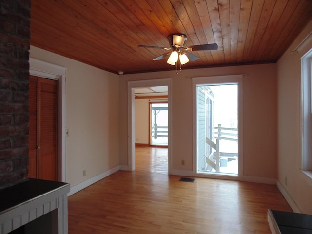 unfurnished living room with light wood finished floors, baseboards, visible vents, a ceiling fan, and wooden ceiling