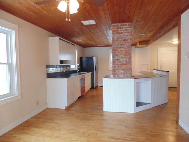 kitchen with appliances with stainless steel finishes, wood ceiling, white cabinets, and light wood-style floors