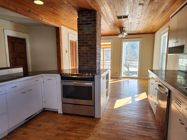 kitchen featuring wood ceiling, stainless steel appliances, dark countertops, and white cabinetry