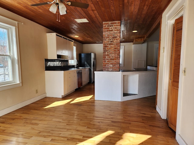 kitchen with light wood-type flooring, wood ceiling, white cabinetry, and stainless steel appliances