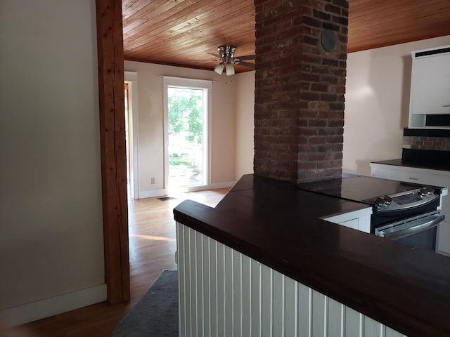 329 Hancock St, Bangor, ME 04401 - kitchen with wooden ceiling, ceiling fan, wood finished floors, electric stove, and dark countertops
