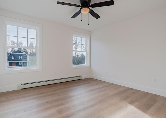 empty room with light wood-type flooring, ceiling fan, and baseboard heating