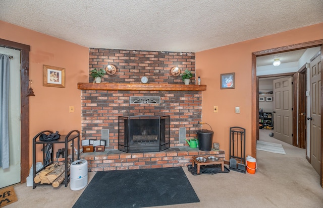 living room with light carpet, a textured ceiling, and a fireplace