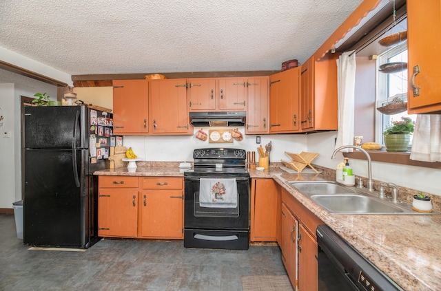 kitchen with sink, a textured ceiling, and black appliances