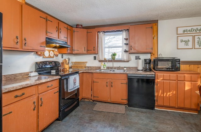 kitchen featuring sink, a textured ceiling, and black appliances