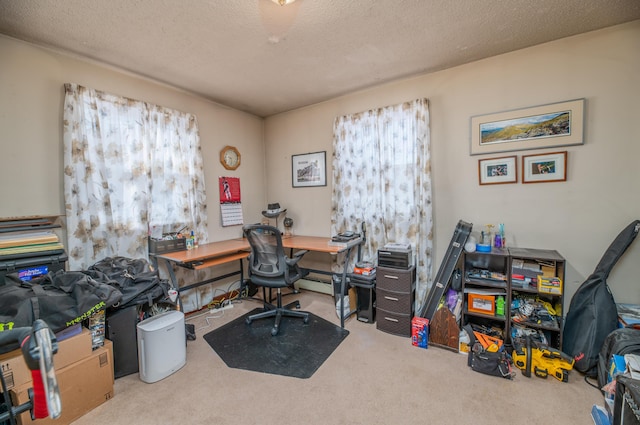 carpeted office space featuring a textured ceiling