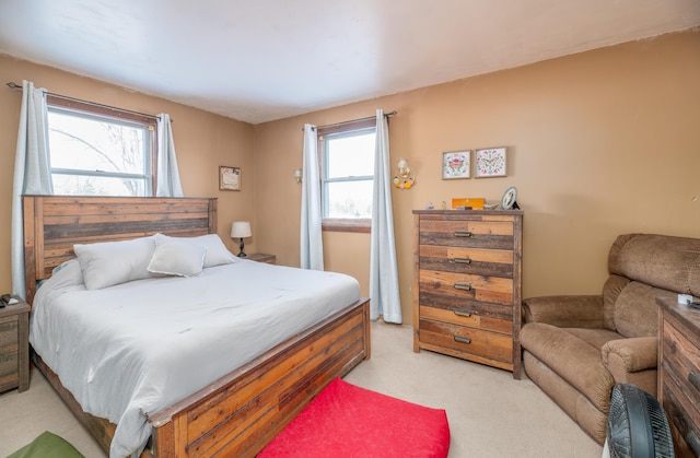 bedroom featuring multiple windows and light carpet