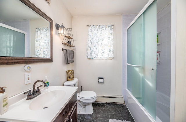 full bathroom featuring shower / bath combination with glass door, vanity, toilet, and a baseboard heating unit