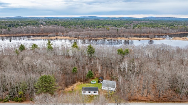 aerial view featuring a water and mountain view