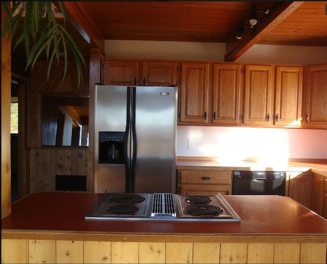 kitchen with wood ceiling, stainless steel fridge, stovetop, dishwasher, and beamed ceiling