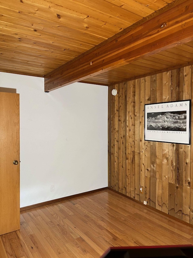 additional living space featuring wood ceiling, beam ceiling, wooden walls, and light hardwood / wood-style floors