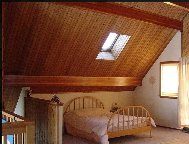 bedroom with wood ceiling and vaulted ceiling with skylight