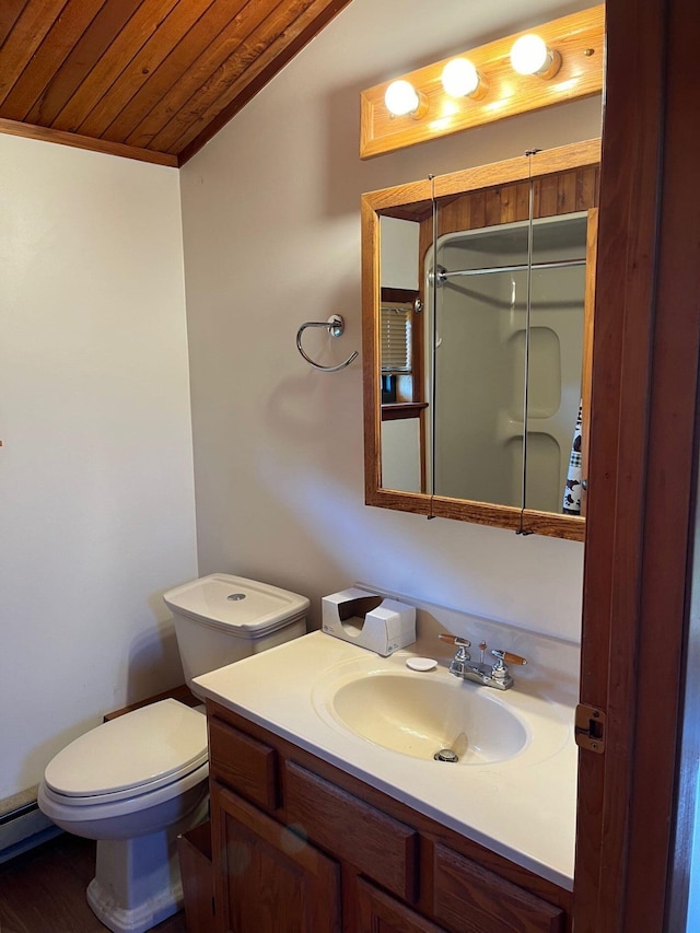 32 Dillon Rd, Harrison, ME 04040 - full bathroom with wood ceiling, a baseboard radiator, vanity, toilet, and a shower with shower door