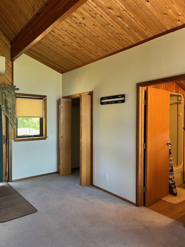 32 Dillon Rd, Harrison, ME 04040 - unfurnished bedroom featuring carpet, wooden ceiling, baseboards, a wall mounted air conditioner, and a closet