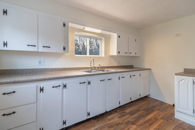 kitchen featuring white cabinetry, dark wood-type flooring, and sink