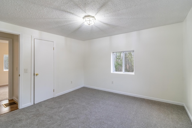 unfurnished room with carpet and a textured ceiling