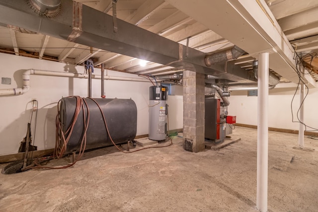 basement featuring electric water heater and heating unit