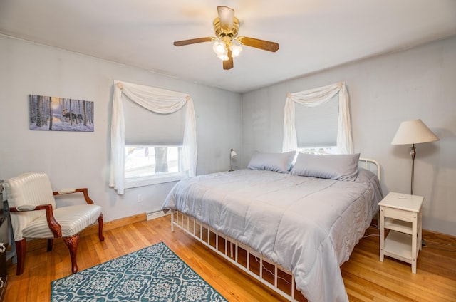 bedroom featuring light wood-type flooring and ceiling fan