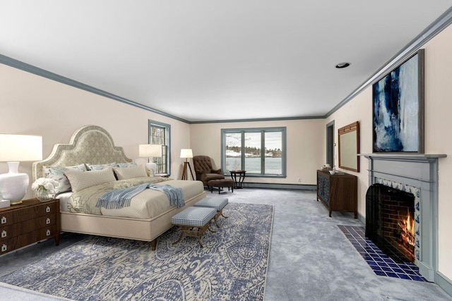 bedroom with carpet floors, baseboards, a fireplace, and ornamental molding