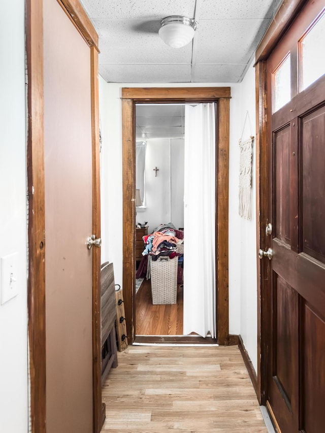 hallway with a paneled ceiling and light wood-type flooring