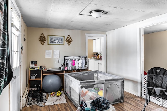 home office with hardwood / wood-style flooring, a baseboard radiator, and a paneled ceiling