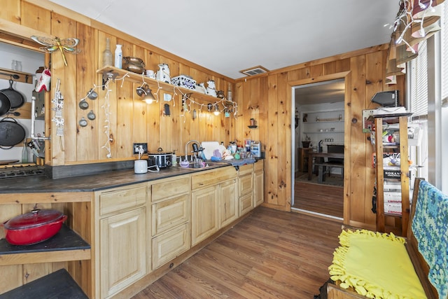 kitchen featuring sink, hardwood / wood-style floors, and wood walls