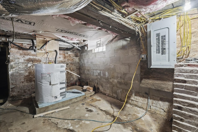 basement with electric panel and water heater