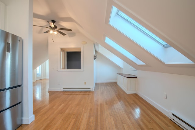 additional living space featuring a baseboard heating unit, light hardwood / wood-style flooring, lofted ceiling with skylight, and ceiling fan