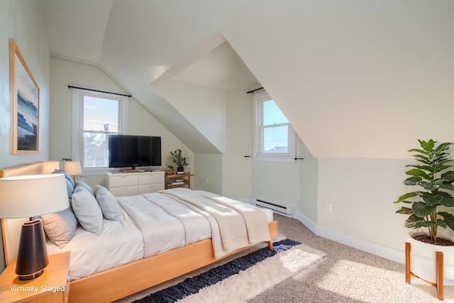 bedroom featuring vaulted ceiling, light colored carpet, and a baseboard radiator