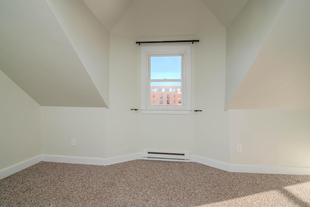 bonus room featuring carpet floors, lofted ceiling, and a baseboard heating unit