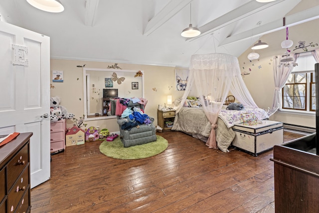 bedroom with a baseboard heating unit, ornamental molding, lofted ceiling with beams, and wood finished floors