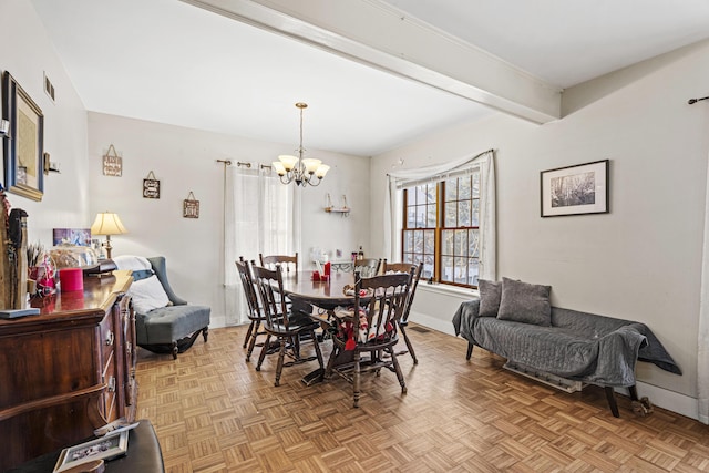 dining space featuring a chandelier, beam ceiling, visible vents, and baseboards