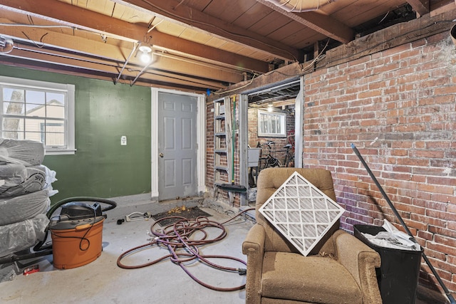 basement with brick wall