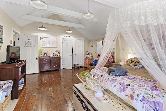 bedroom featuring lofted ceiling with beams and dark wood finished floors