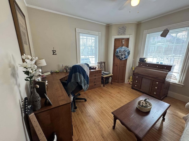 office space featuring baseboards, light wood-style flooring, and crown molding