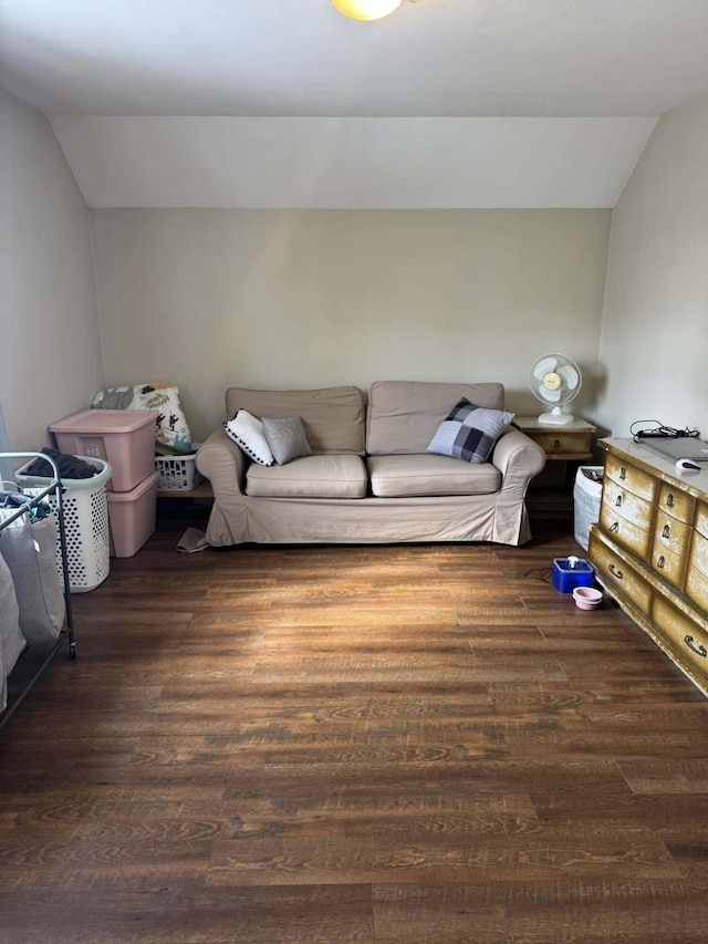 living area with dark wood-style floors and lofted ceiling